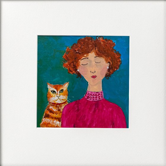 Girl red hair marmalade Cat