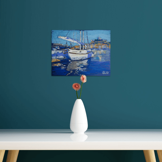 Marseille harbour. Oil pastel painting. Small interior decor travel gift shadow original impression urban sea boat france
