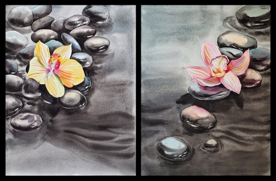 Diptych "Zen spa" - orchid and seastones - original watercolor grey, yellow and pink