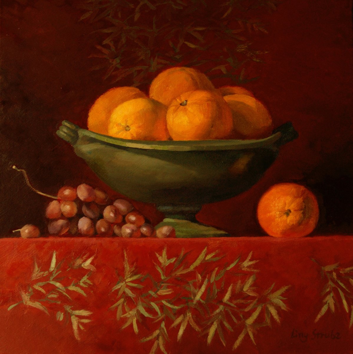 Photorealistic Still Life Oil Painting By Ling Strube, 16 X 16", Bowl With Orange, Original Artwork