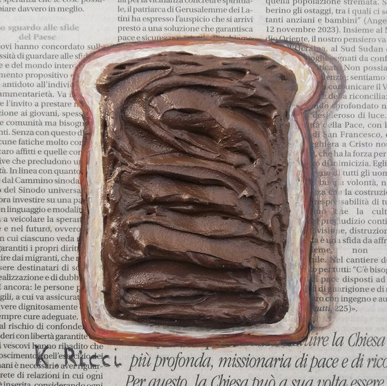 "Toast with Chocolate Cream" Original Acrylic on Wooden Board Painting on Newspaper 6 by 6 inches (15x15 cm)