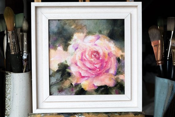 "Romantic rose" - small size FRAMED - mixed media on canvas