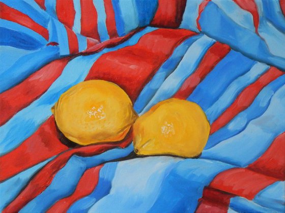 Lemons on the tablecloth. Still life. 30x40cm