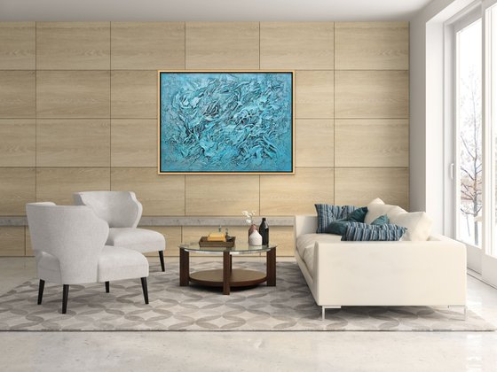 CORAL REEF. Large Abstract Blue Teal Silver Textured Painting 3D