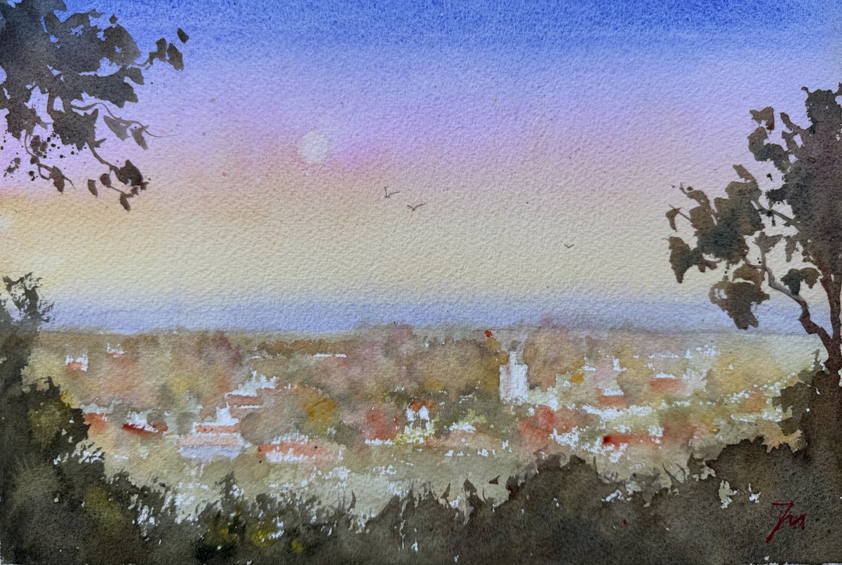 Impressionistic Landscape Watercolour By Shelly Du, 12 X 8", That Autumn Evening, Original Artwork