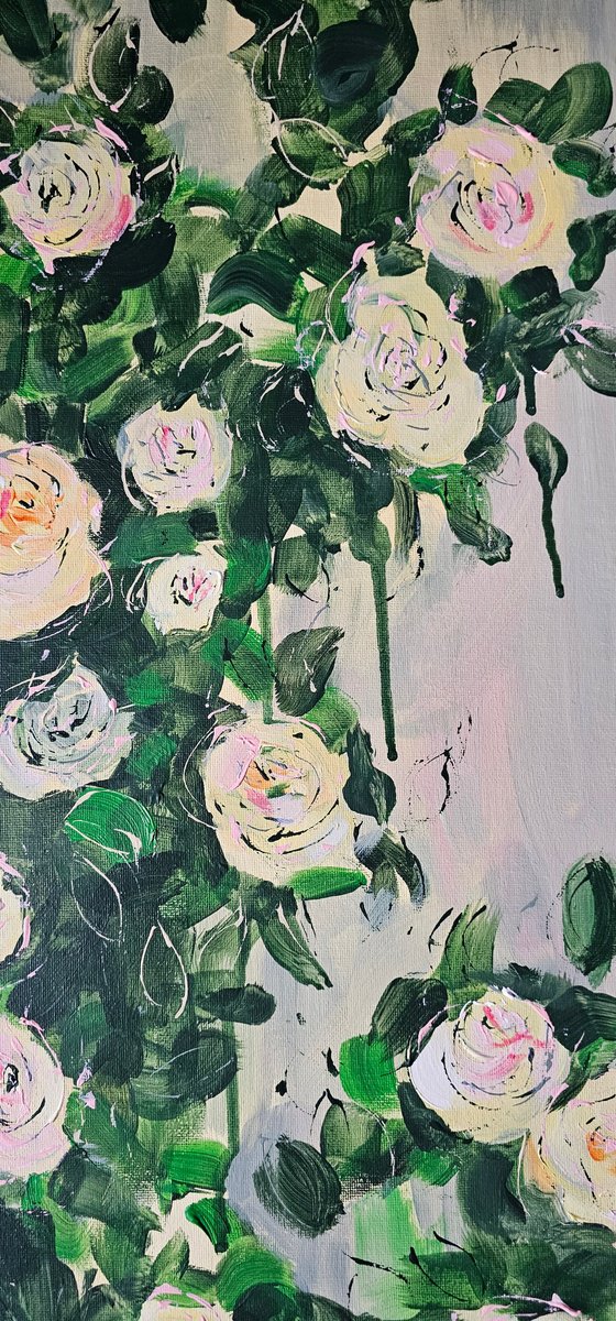 Blooming abstract rose garden in pale yellow