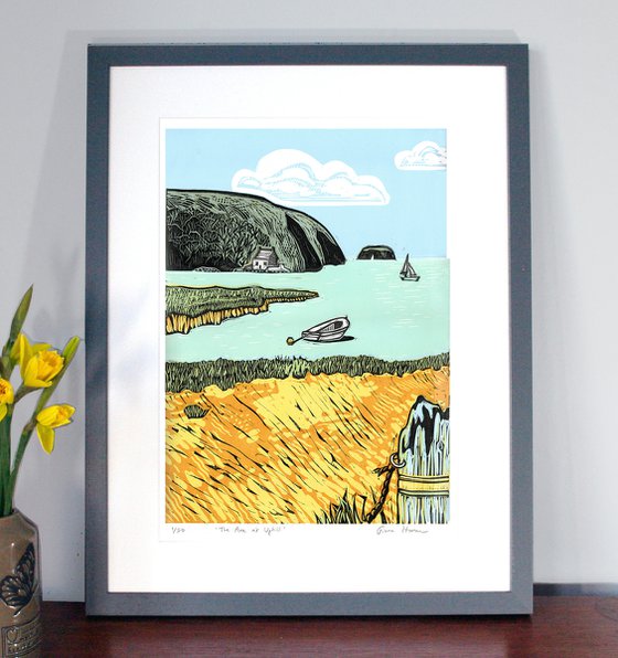 The River Axe at Uphill, Somerset. Limited Edition linocut