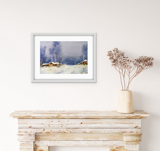 Evening in the village. Winter landscape. Original watercolor artwork.