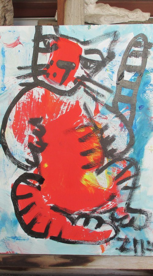expressive  red cat  11,8 x 15,7 inch by Sonja Zeltner-Müller