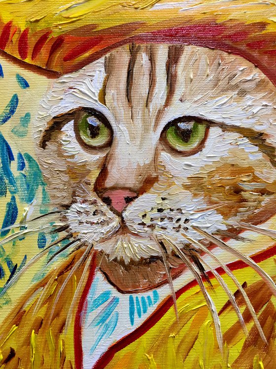 Cat in a straw hat with green eyes La Vincent Van Gogh