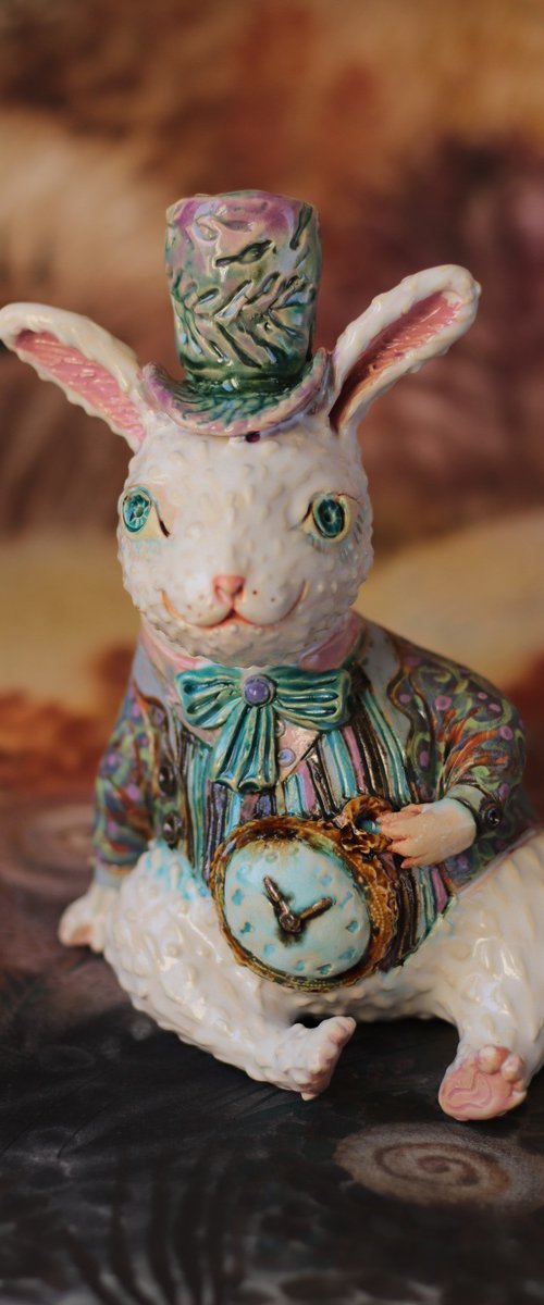 Rabbit with pocket watsch. Ceramic OOAK sculpture. by Elya Yalonetski