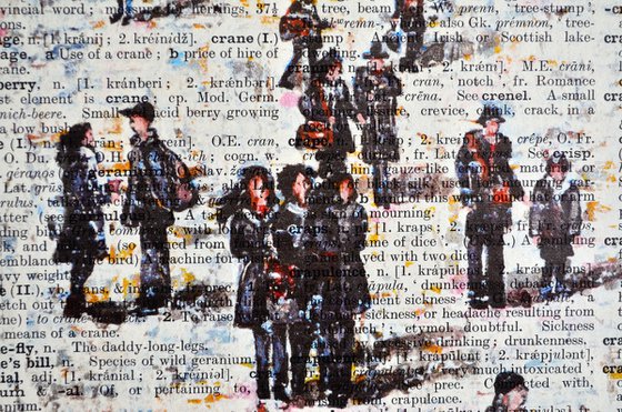 At the City 1 - Collage Art on Large Real English Dictionary Vintage Book Page
