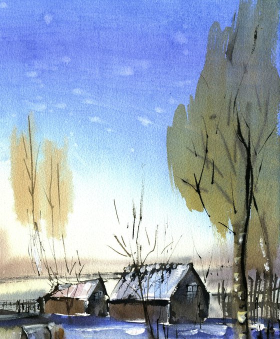 Winter sunset in the countryside original watercolor painting, snowy landscape