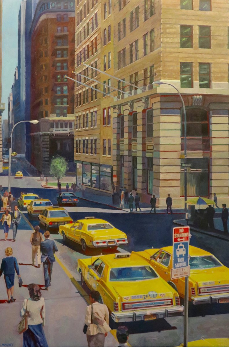 Photorealistic Cityscapes Oil Painting By Benoit Montet, 34 X 50, Taxi Station , Original Artwork