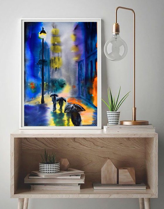 Rainy night New York original watercolor painting, abstract cityscape