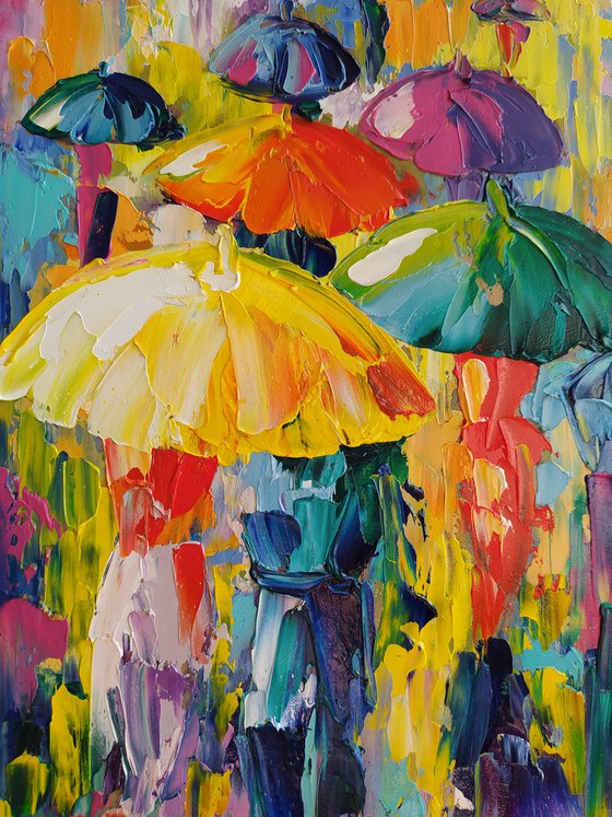 Walk under the rain - painting on canvas, umbrella art, people in the rain, oil painting, people art, rain, umbrella, painting canvas, impressionism,palette knife, gift