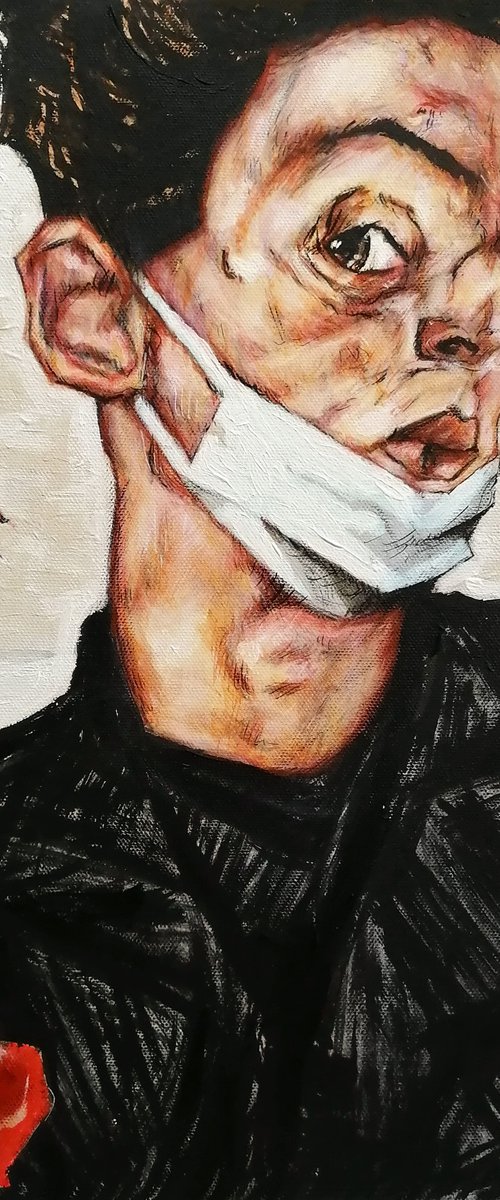 Egon Schiele style Man in white mask by Evgen Semenyuk