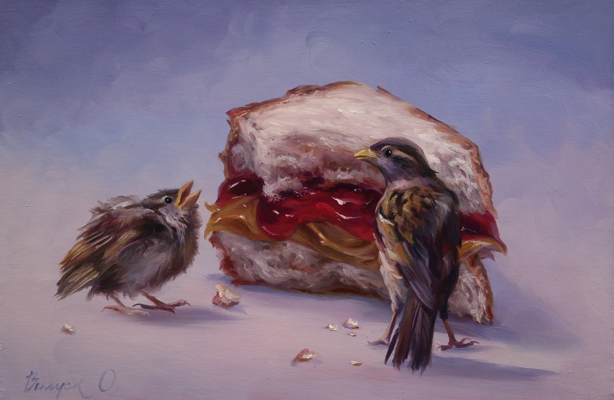 Illustrative Animal Oil Painting By Lena Vylusk, 12 X 8", "Sweet Find", Original Artwork