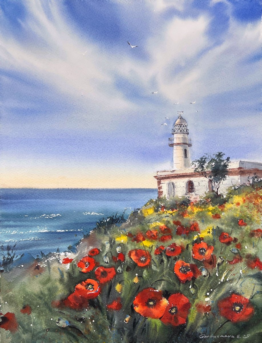 Impressionistic Landscape Watercolour By Eugenia Gorbacheva, 12 X 16, Lighthouse And Wild Poppies, Original Artwork