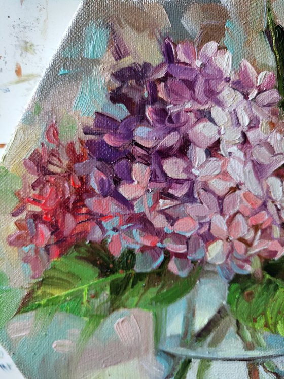 Hexagon oil painting hydrangea, Flowers painting original canvas art, Purple yellow Hortense in glass, Floral artwork oil