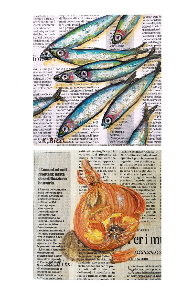 Impressionistic Still Life Oil Painting By Katia Ricci, 6 X 6", Onion And Sardine On Gazette, Original Artwork