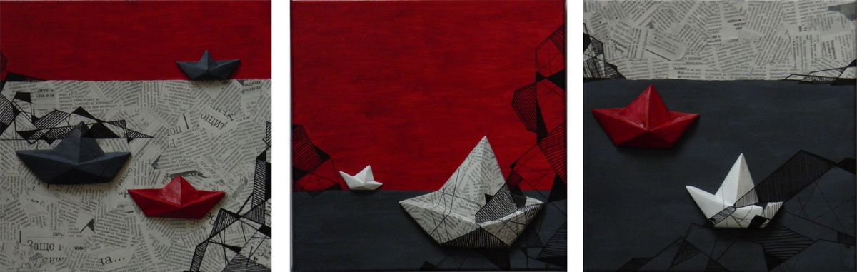 Landscape Painting By Petq Popova, 35 X 12", "Boat Trip", Original Artwork