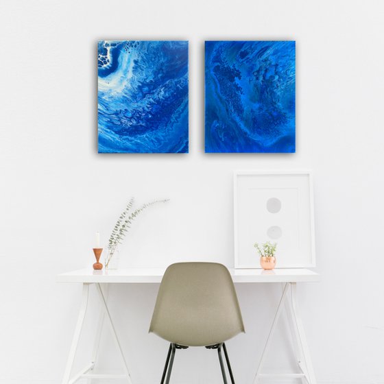 "I Got The Blues" - Save As A Series - Original PMS Abstract Diptych Fluid Acrylic Paintings On Canvas - 32" x 20"