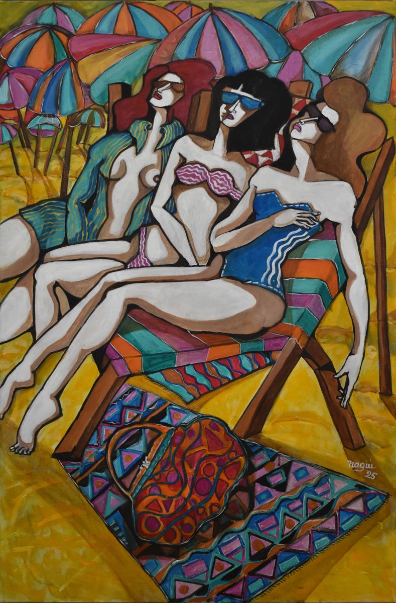 Expressive Portrait Acrylic Painting By Nagui, 24 X 36", East Beach, S.b., Original Artwork