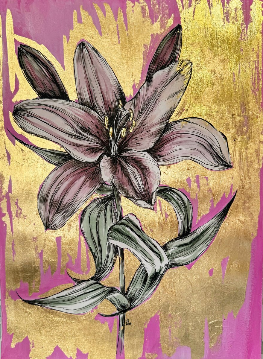 Illustrative Botanical Drawing By Julia Gorislavska, 10 X 14", Pink Lily, Original Artwork