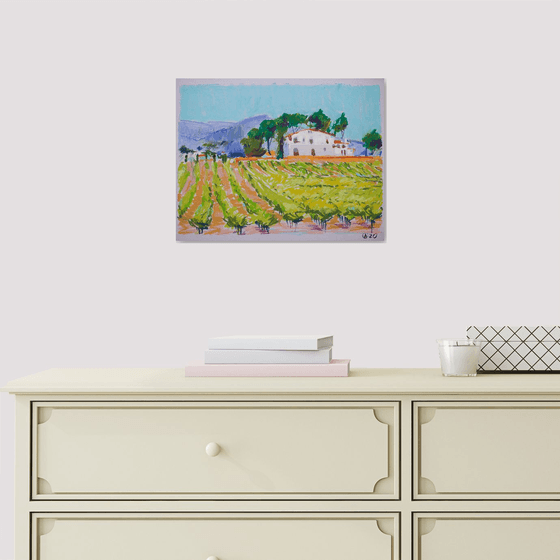 France province from the train window. Original oil pastel painting. Small one of a kind decor interior summer travel dream