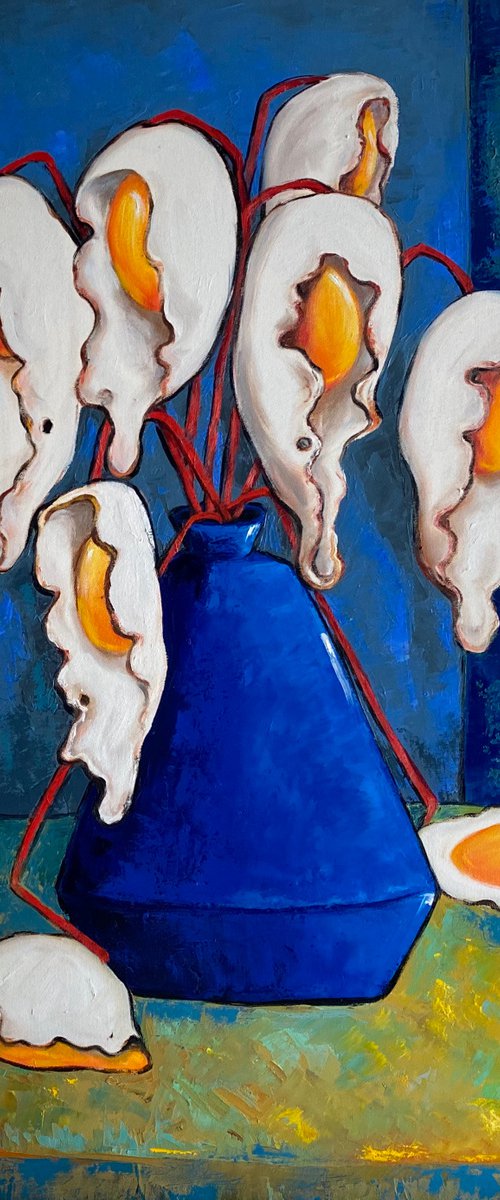 Egg flowers in a blue vase by Ta Byrne