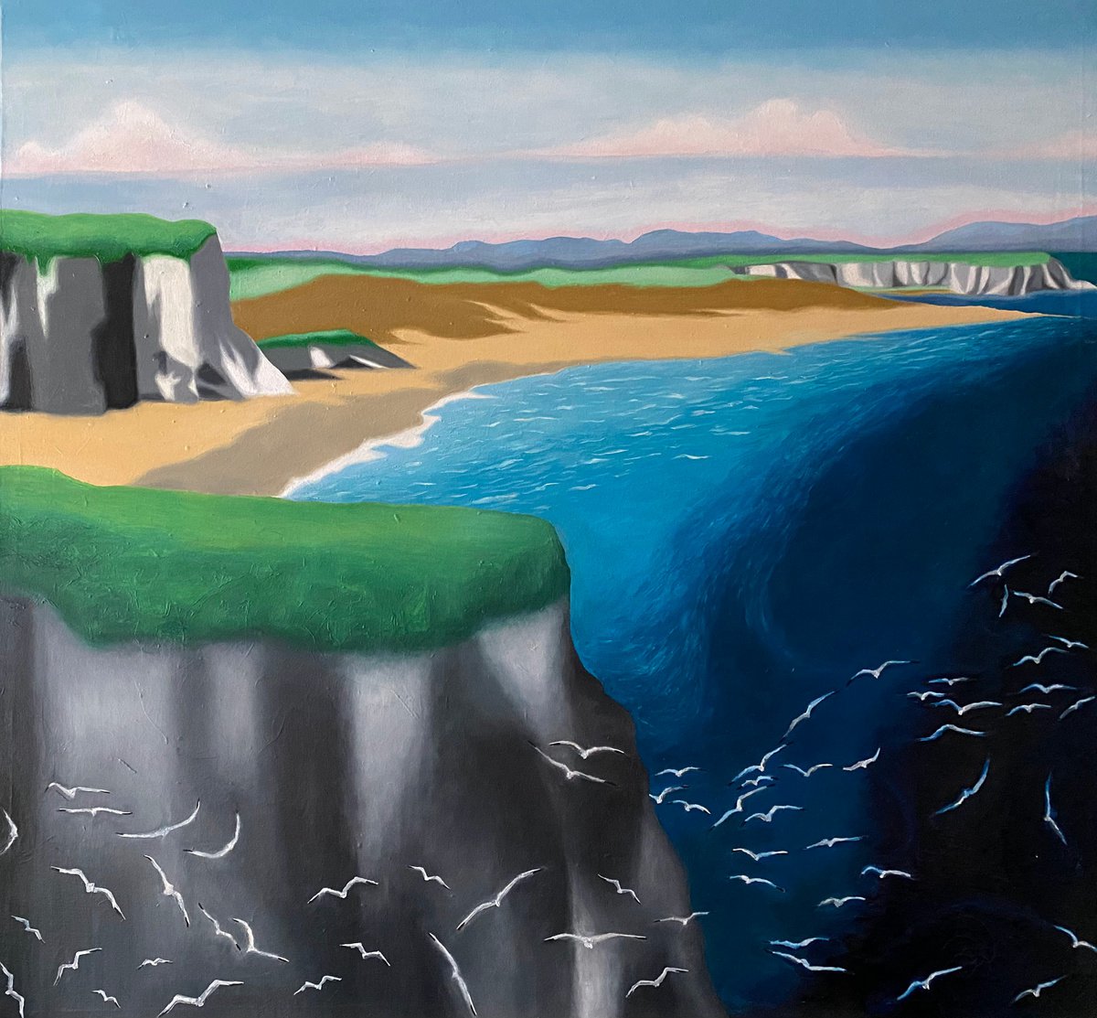 Surrealistic Landscape Painting By Stefano Pallara, 40 X 37", Hypothetical Leeways N.3, Original Artwork