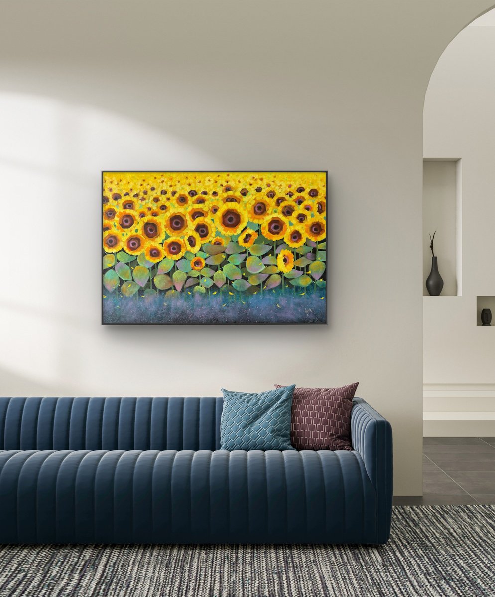 Impressionistic Botanical Acrylic Painting By Amita Dand, 36 X 24, Sunflower Bliss, Original Artwork