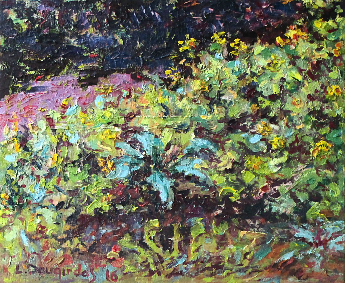 Impressionistic Landscape Oil Painting By Liudvikas Daugirdas, 19 X 16", Flowers In The Wild, Original Artwork
