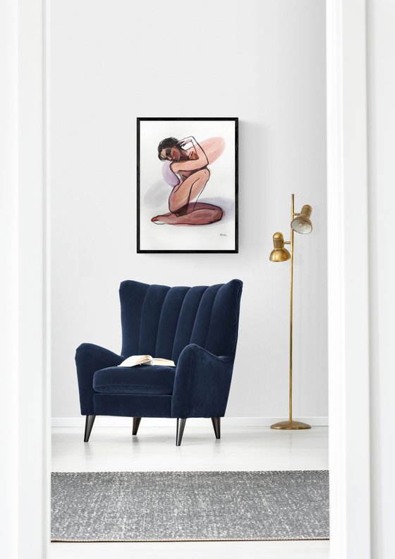 Nude woman. Seated woman, painting