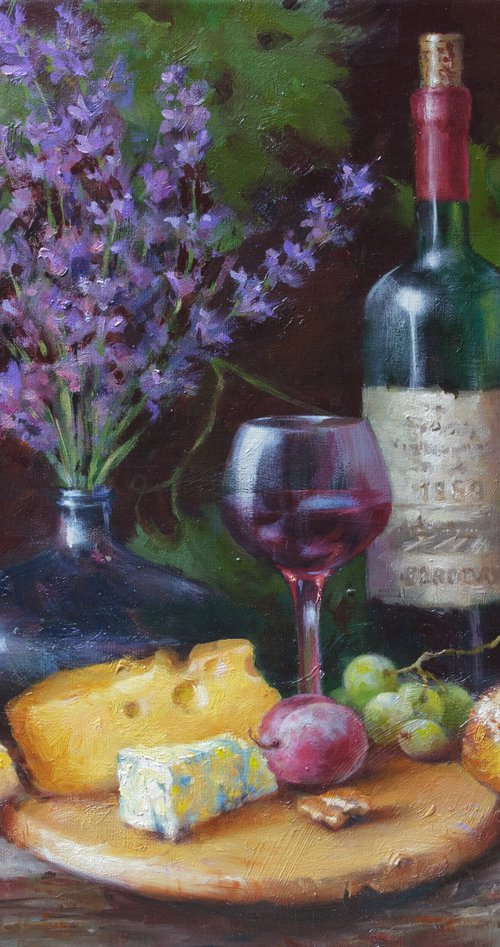 Still life with lavender, wine and cheese by Natalia Kakhtiurina