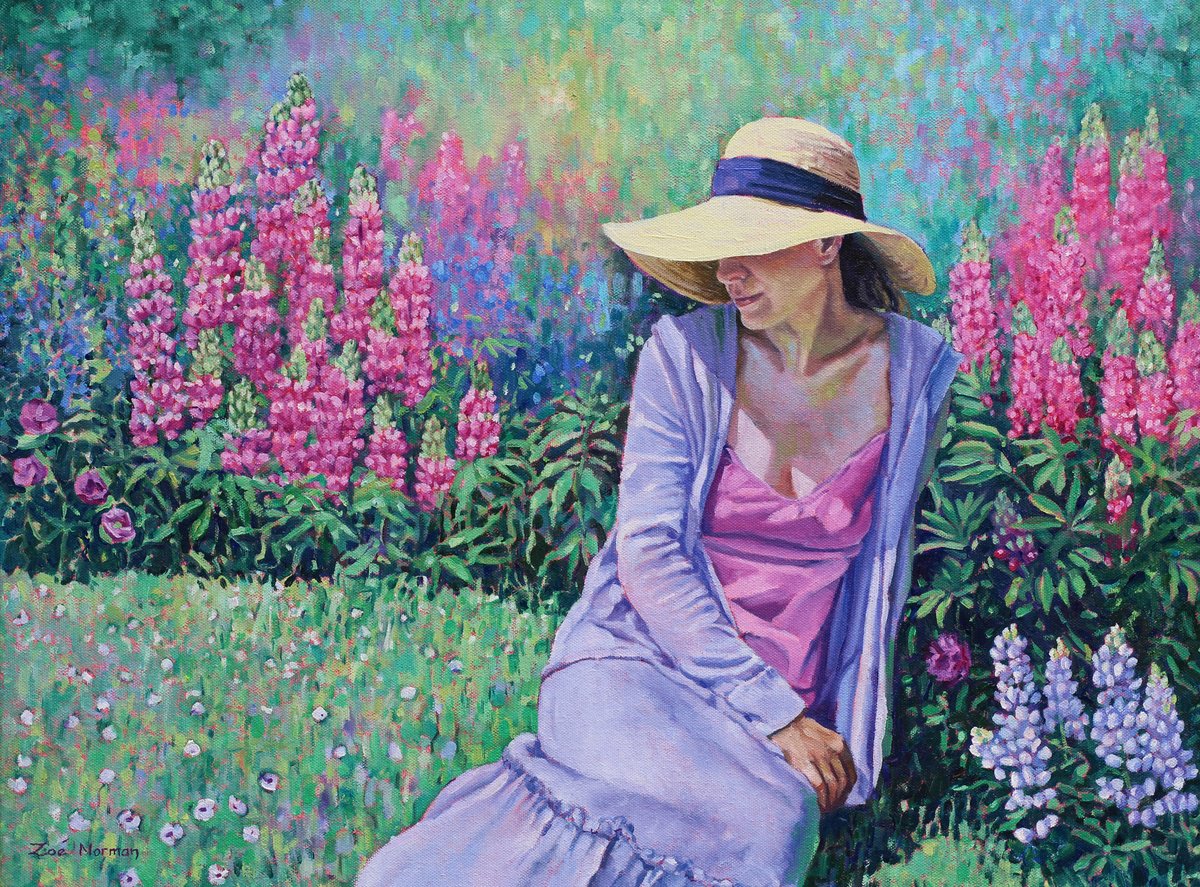 Impressionistic Portrait Oil Painting By Zoe Elizabeth Norman, 24 X 18", Summer Mood - Woman In Garden, Original Artwork