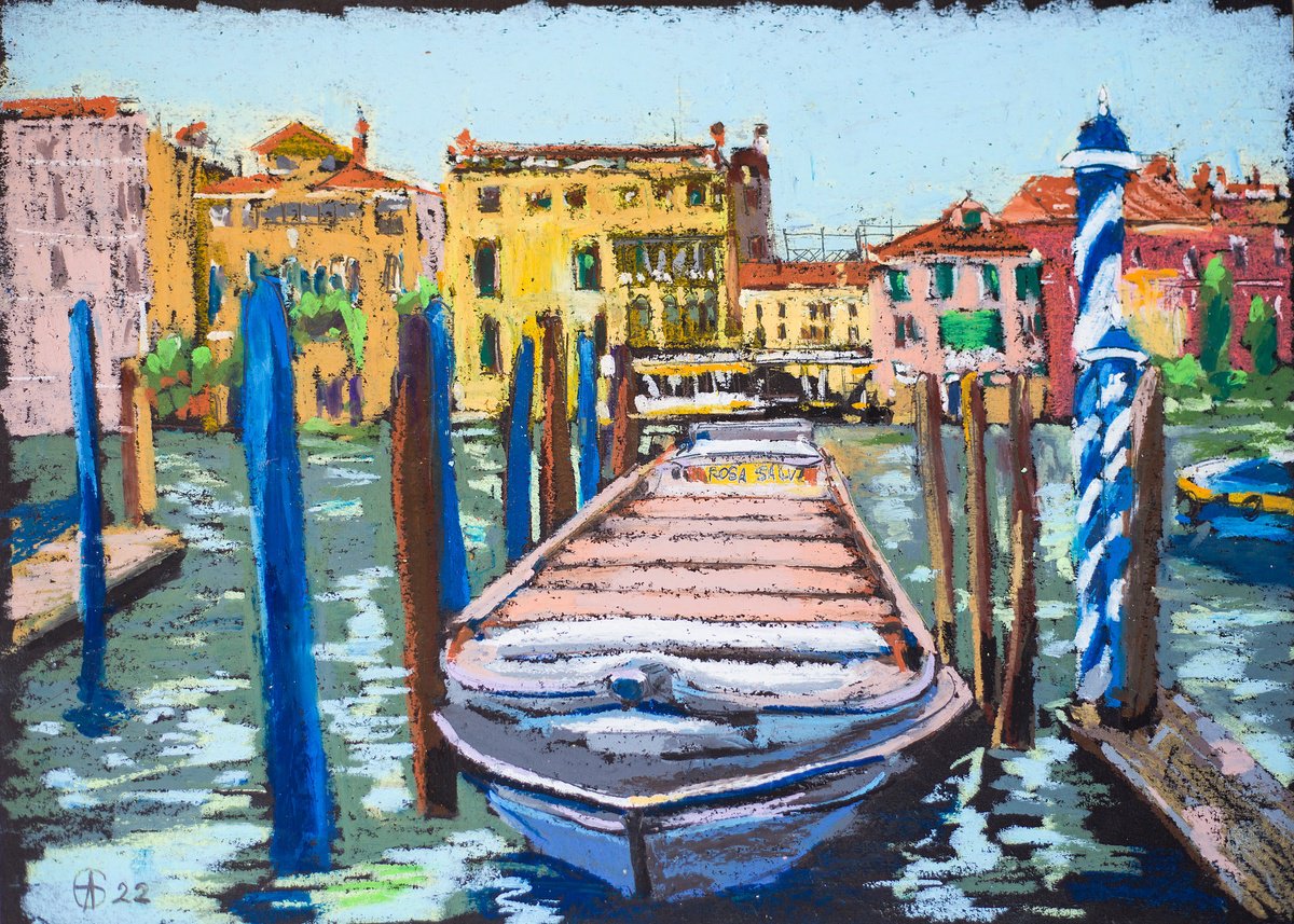 Venice. View of the Canal and boats. Cities of my dreams series. Small oil pastel drawing... by Sasha Romm