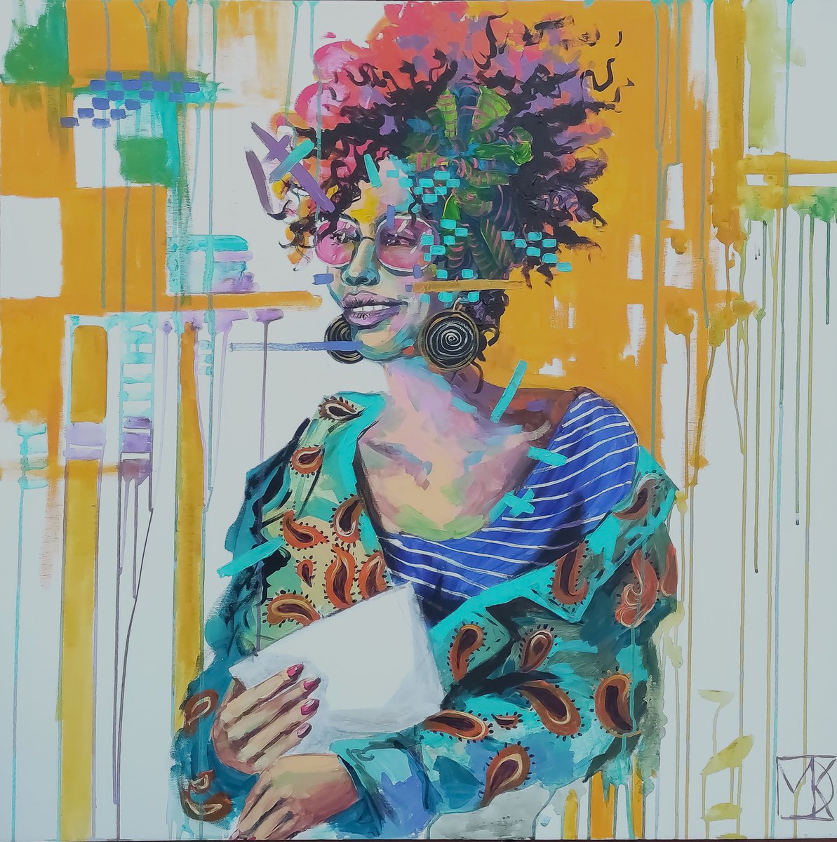 Expressive Portrait Acrylic Painting By Maria Kireev, 39 X 39", Letter Of Happiness, Original Artwork