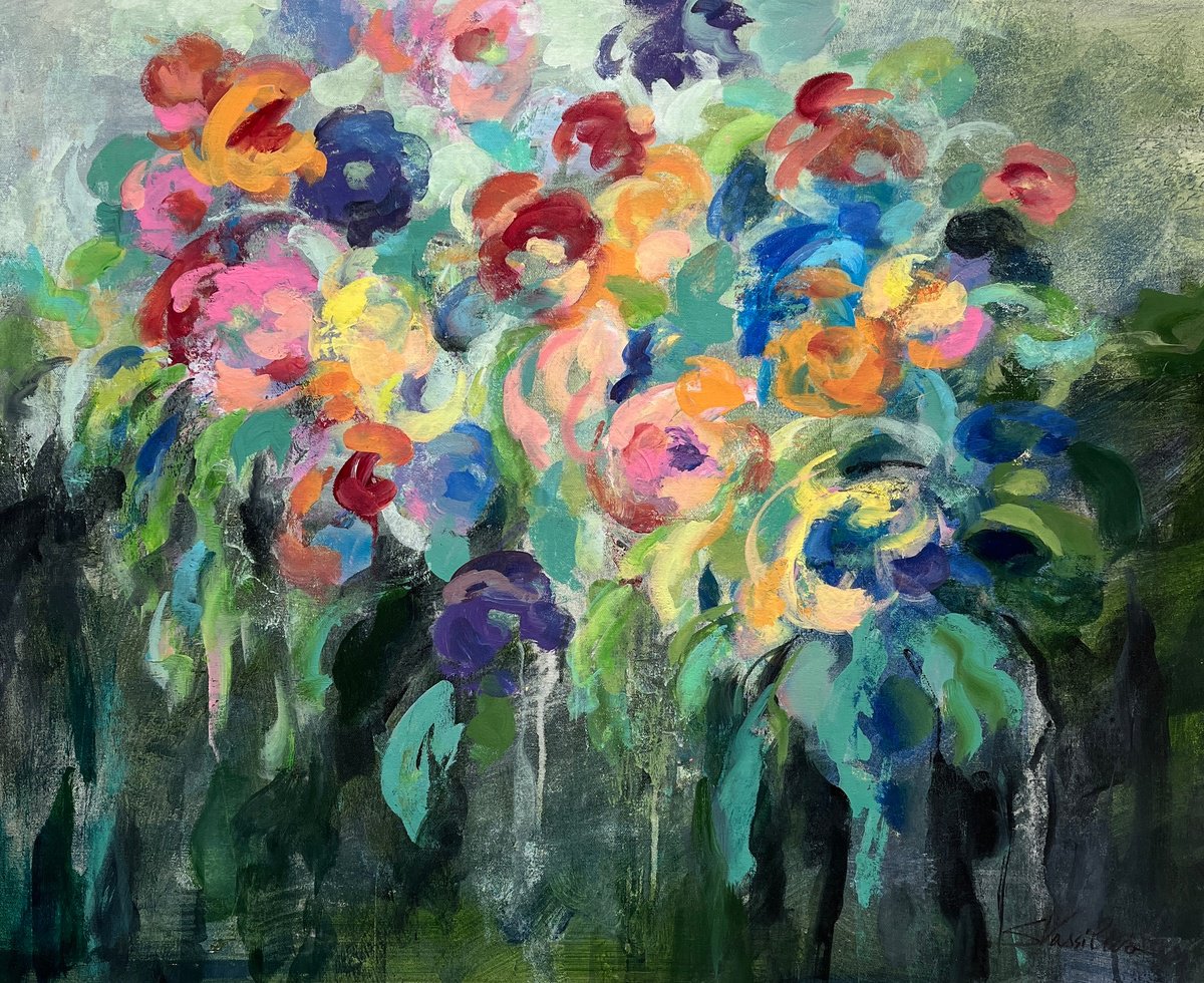 Impressionistic Botanical Acrylic Painting By Silvia Vassileva, 30 X 24", Fresh Bouquet, Original Artwork