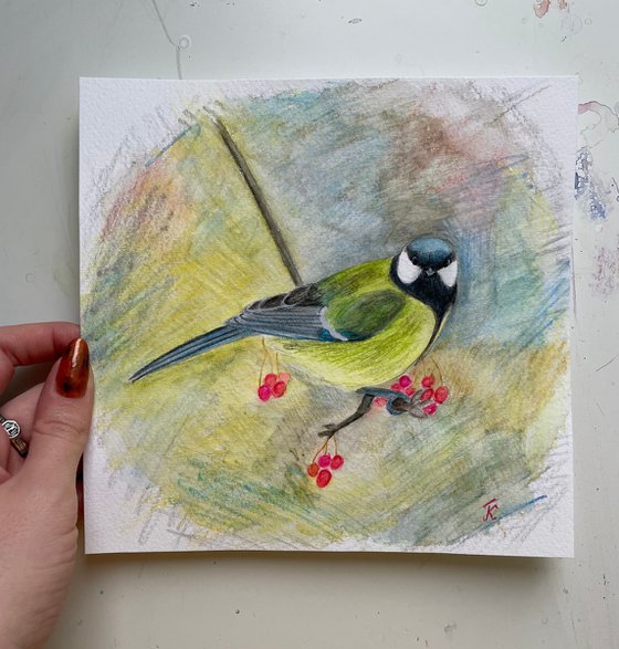 Tit Original Painting, Bird Watercolor Pencils Artwork, Animal Wall Art, Winter Picture