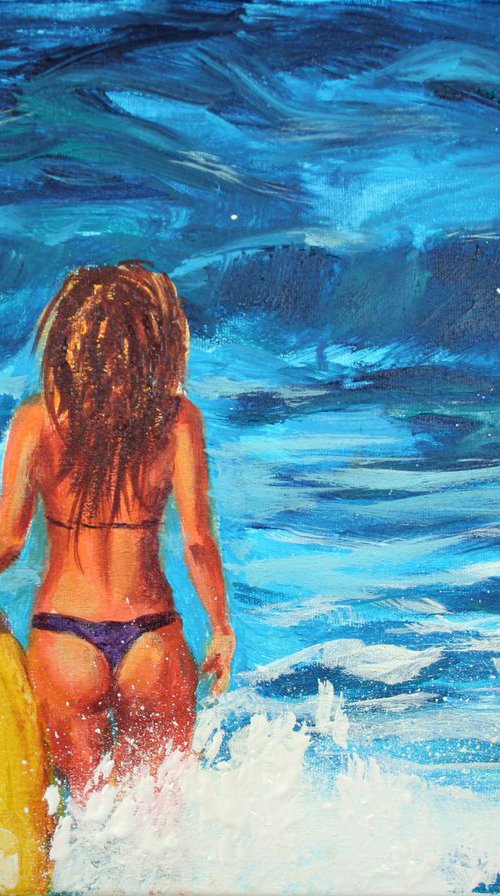 Surfer Girl / Sea summer gift sea swimming /  ORIGINAL PAINTING by Salana Art Gallery