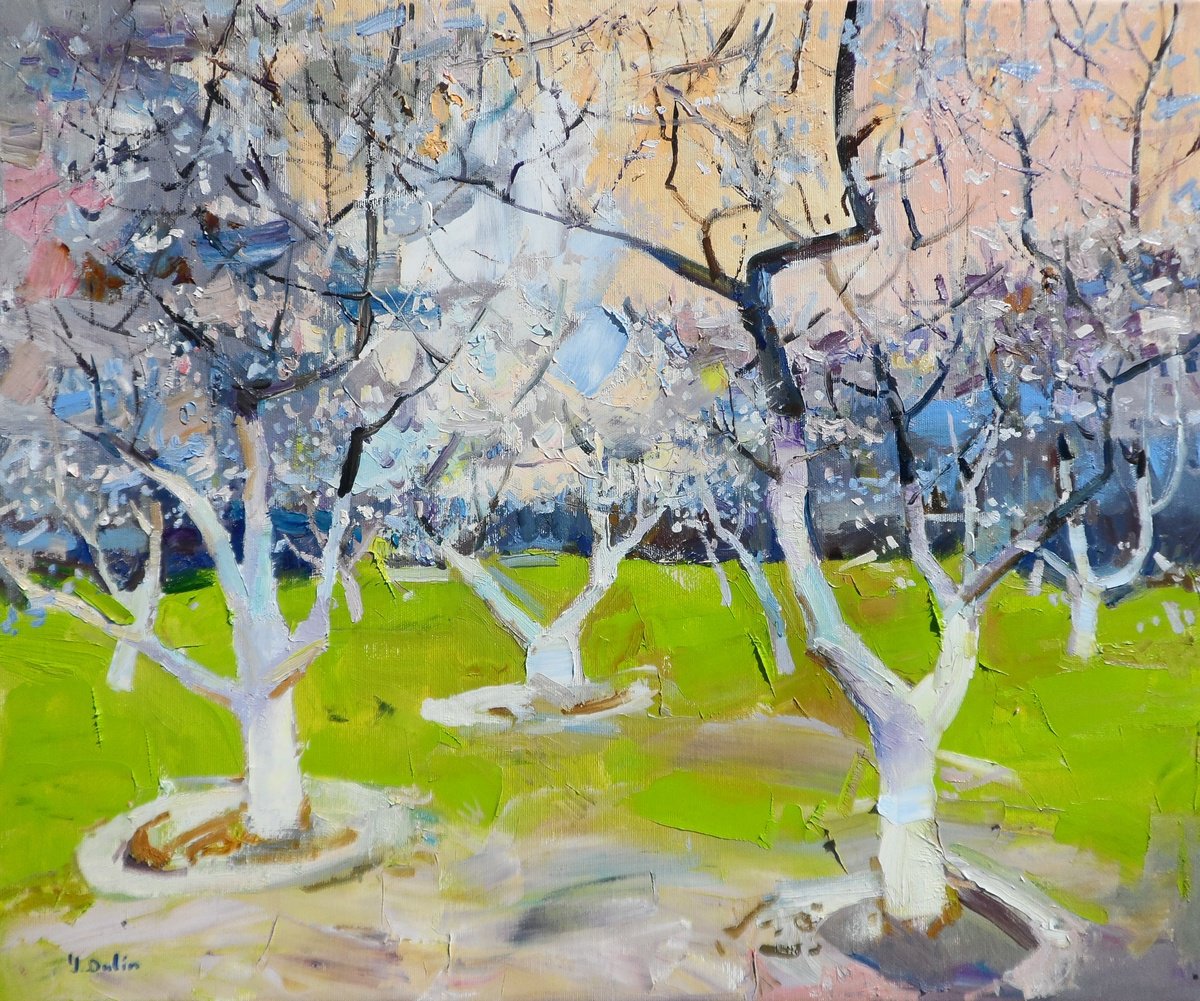Impressionistic Landscape Oil Painting By Yehor Dulin, 24 X 20", " Blooming Gardens ", Original Artwork