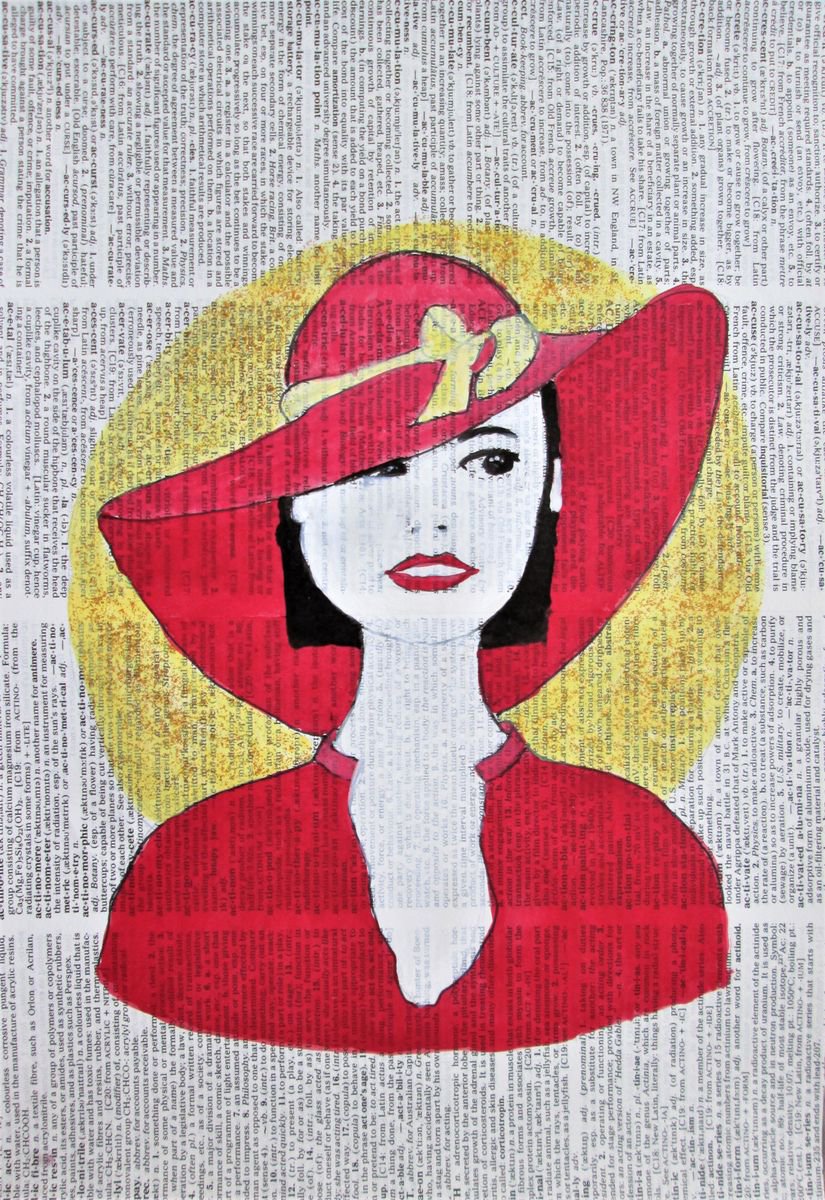 Expressive Portrait Collage By Marjansart, 8 X 12", Woman In Red Hat., Original Artwork