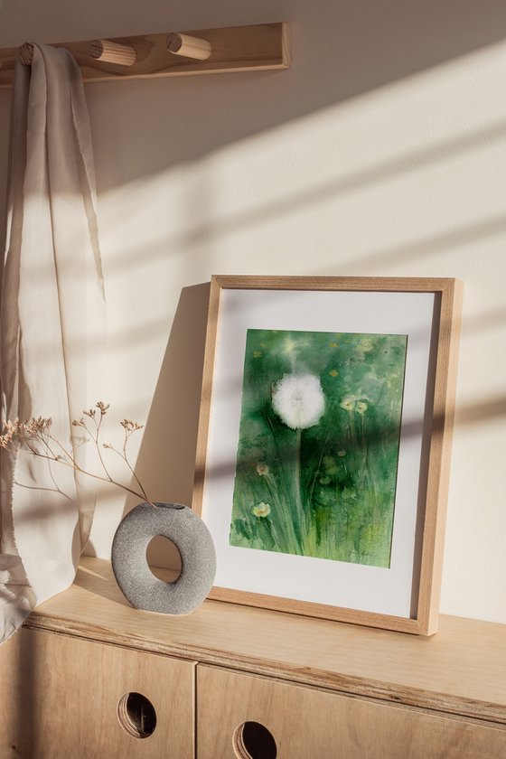 Watercolor dandelion field. 2