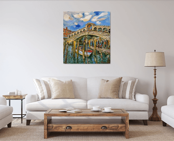 VENICE, RIALTO BRIDGE - Venice cityscape, landscape  - original painting, oil on canvas, architecture, bridge, water, love, vacations , interior home decor