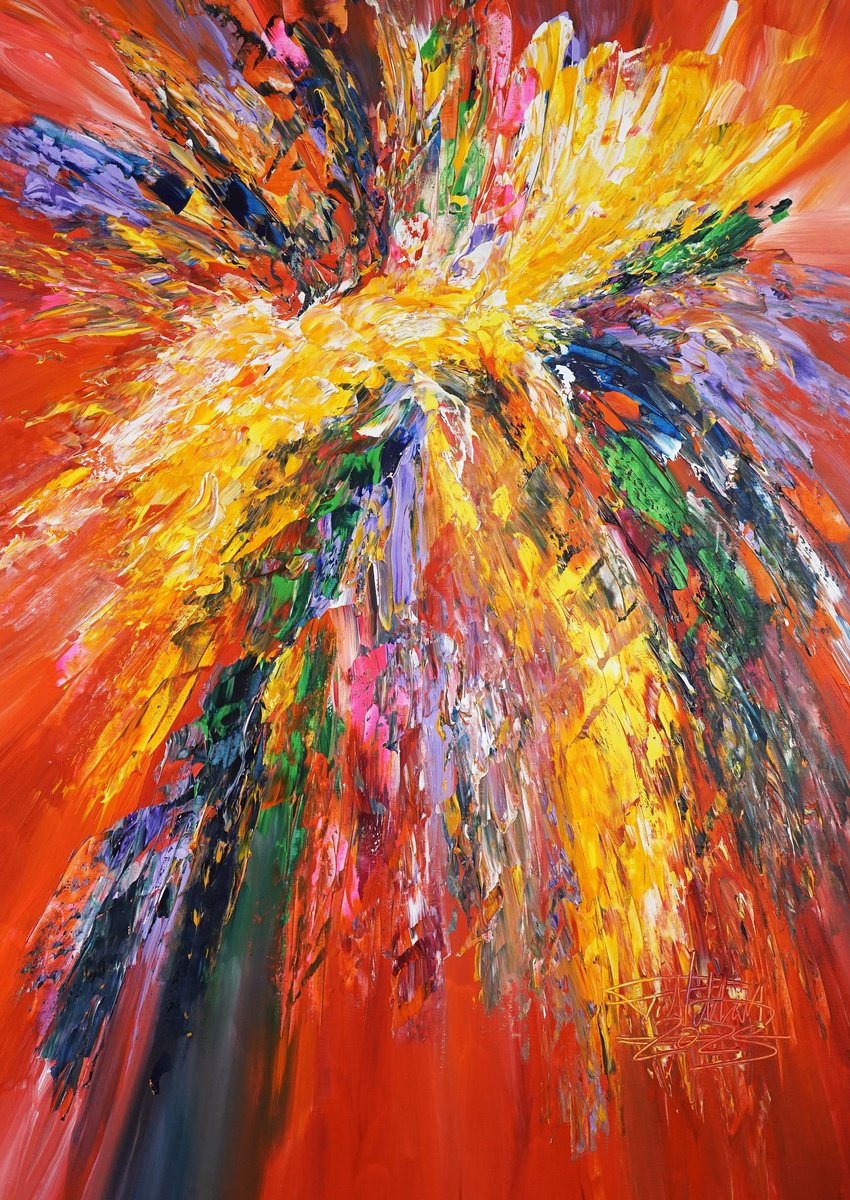 Abstract Acrylic Painting By Peter Nottrott, 33 X 47", Red Energy M 5, Original Artwork