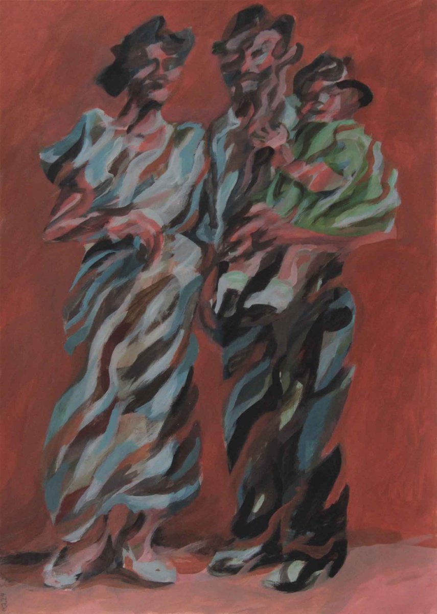 Expressive Portrait Acrylic Painting By Martin Singer, 12 X 16", Couple With Child, Original Artwork