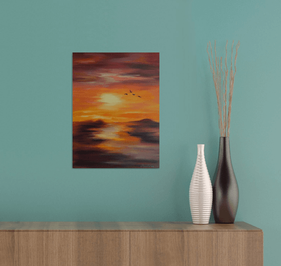 Landscape with Sea Warm Sunset colours  Orange Red Brown