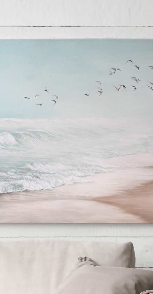 "Sea vibes 2" Blue beige landscape oil art by Mary Amur